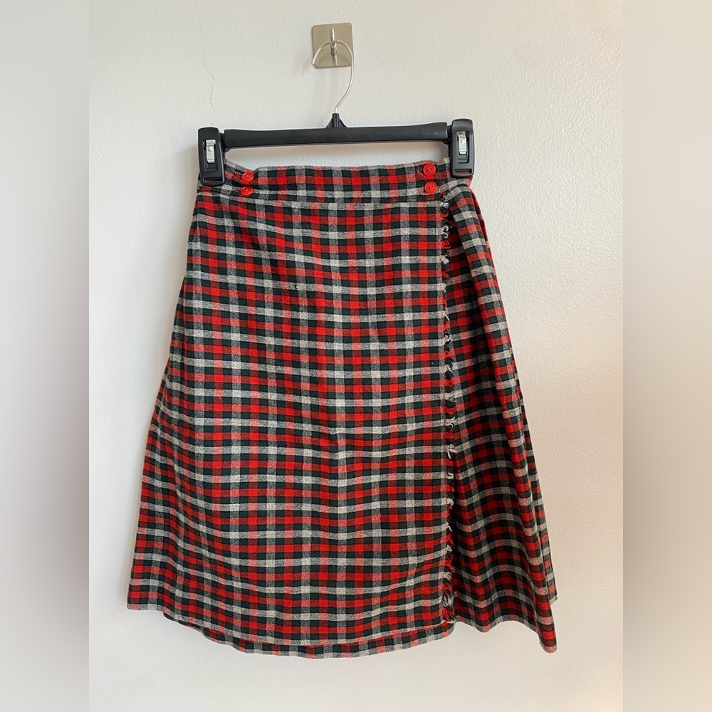Pleated plaid flannel wrap skirt